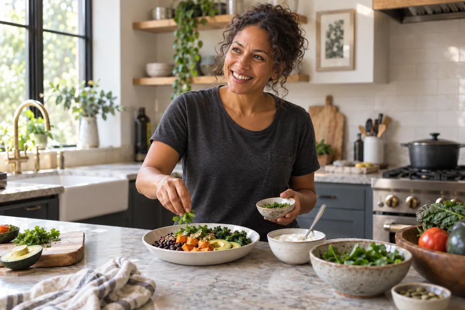 Illustrative scene of a woman preparing a varied meal.